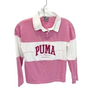 Puma Kids Pink White Colorblock Long Sleeve Rugby Polo Shirt Girls Size Large